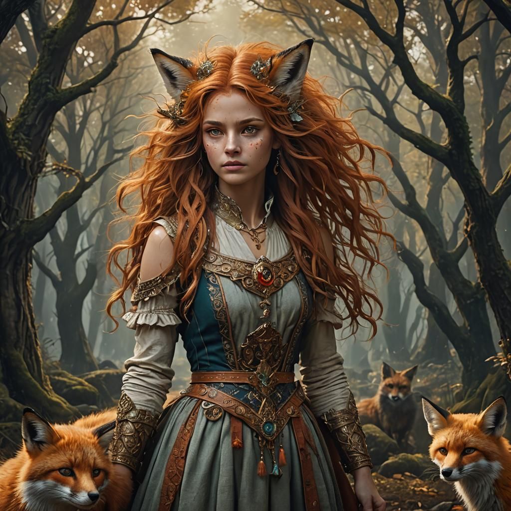 Fox-Human Hybrid Girl: Detailed Matte Painting