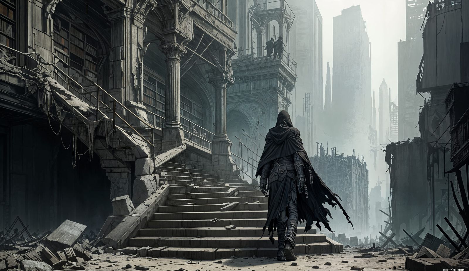 A Lone Figure Ascends a Ruined Library in a Gritty, Post-Apo...