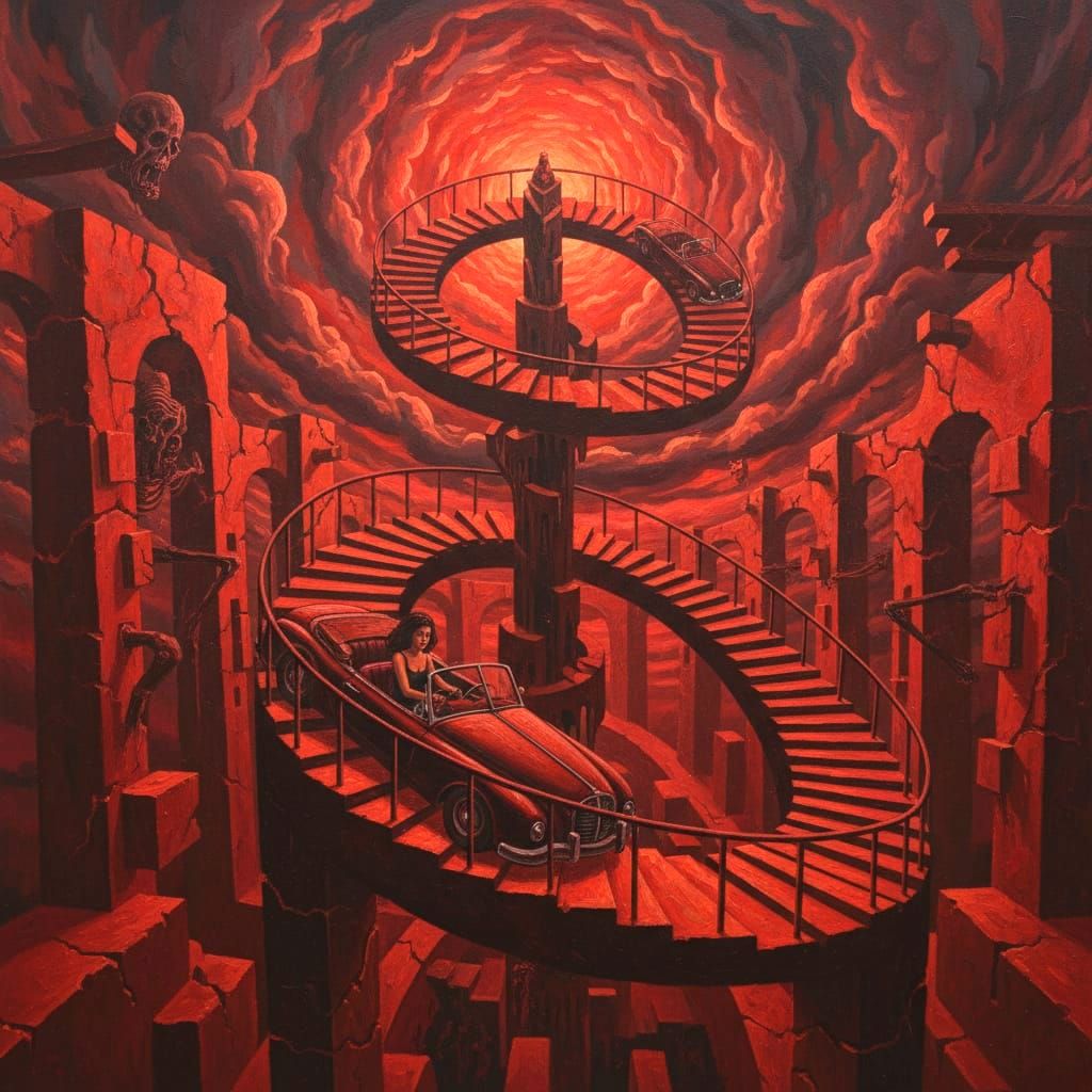 Surreal Nightmare: Crimson Car on Endless Stairs