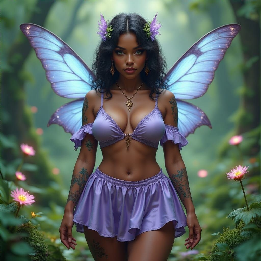 Curvaceous Dark Fae in Enchanted Forest, Art Nouveau