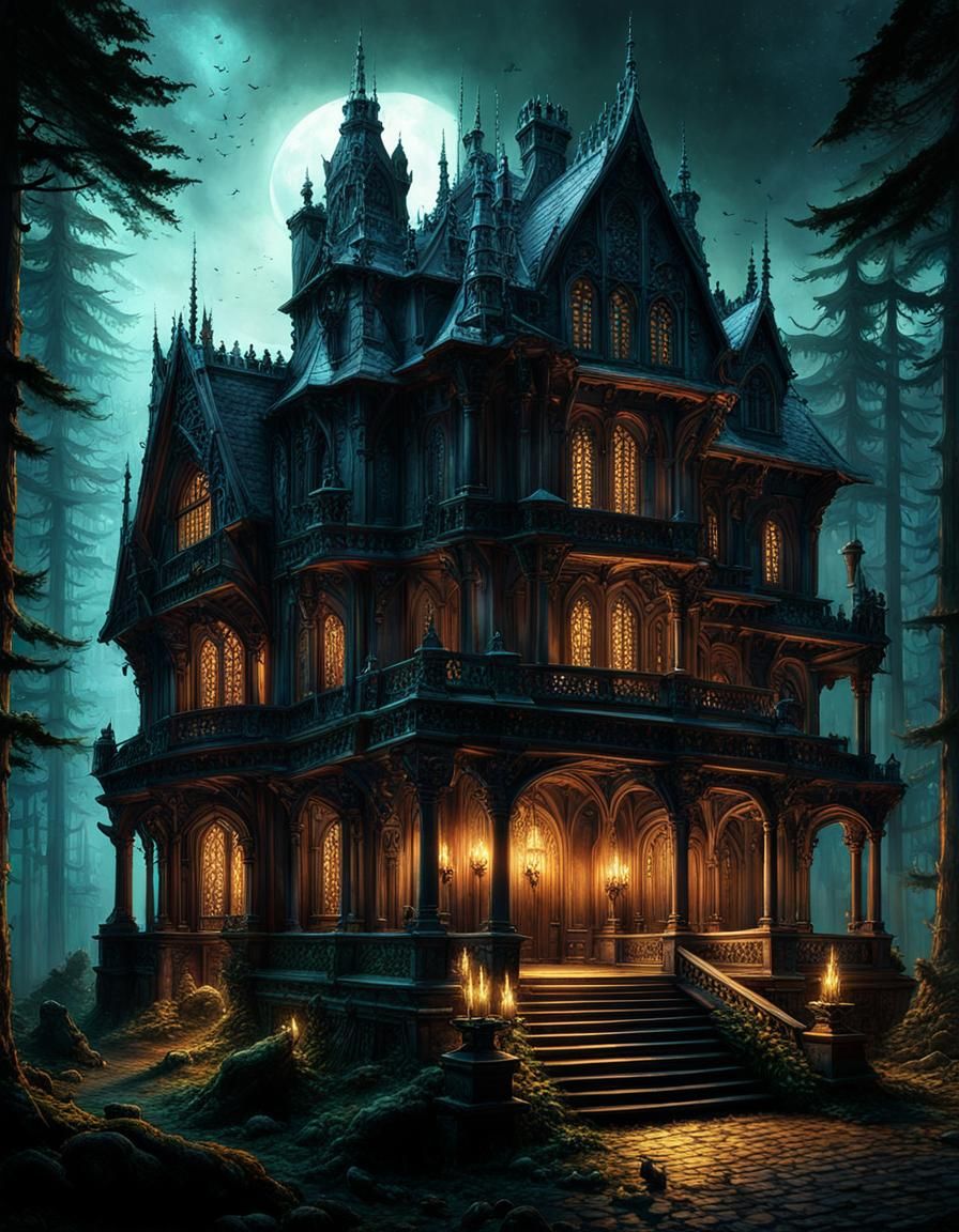 Gothic Manor House in Forest with Spectral Lighting