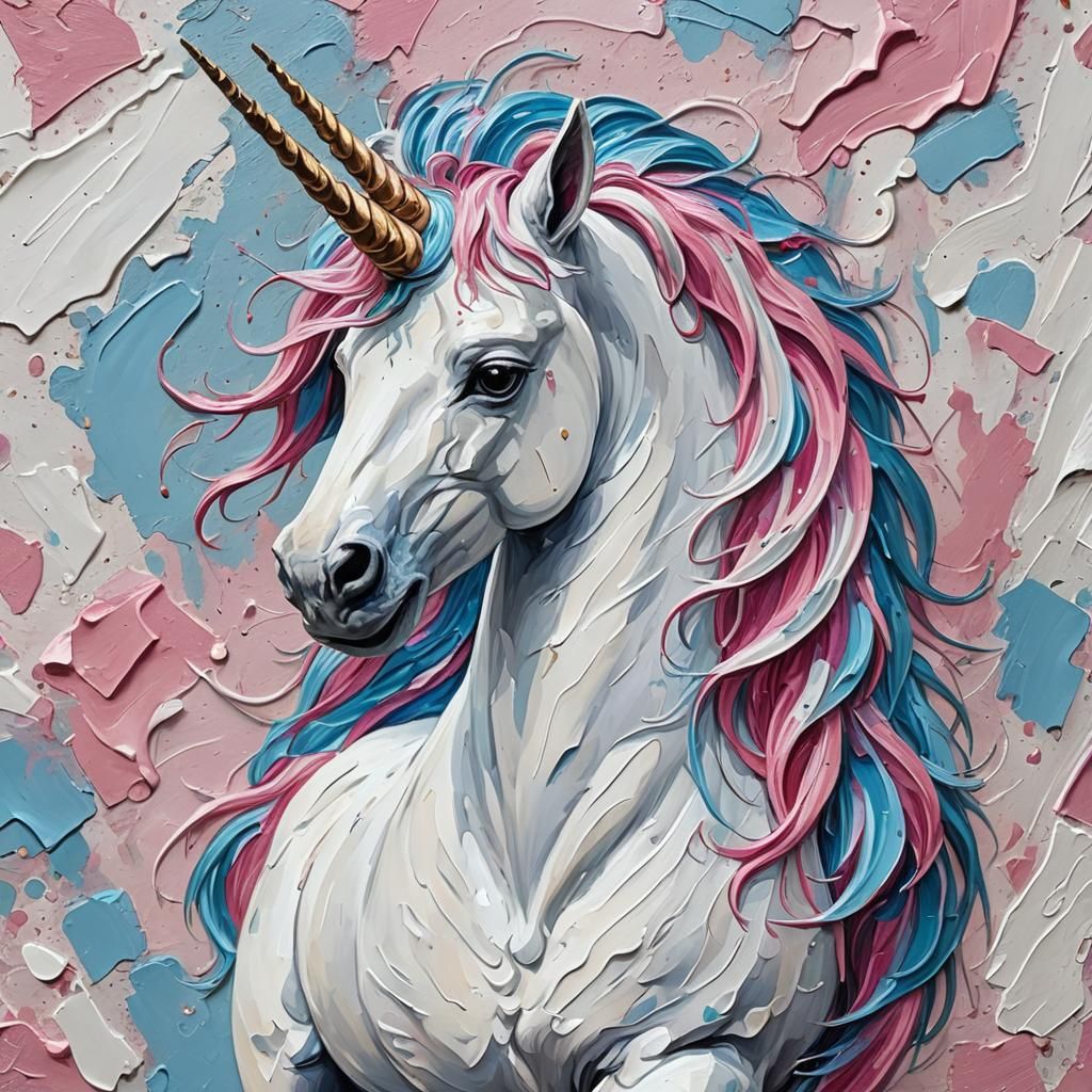 Furry White Unicorn in Pastel Impasto Style