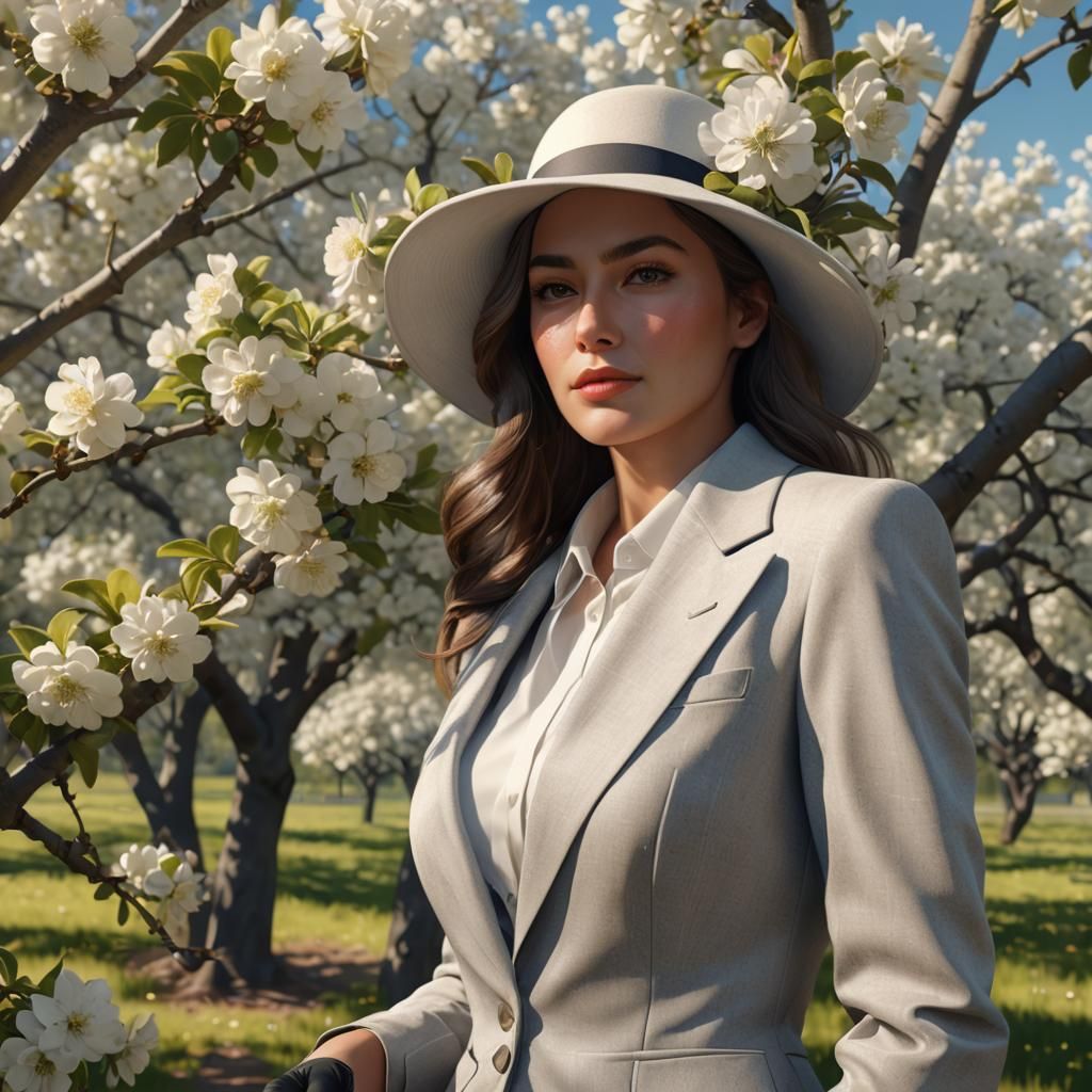 Elegant Woman in Blossoming Orchard: 8K Octane Render