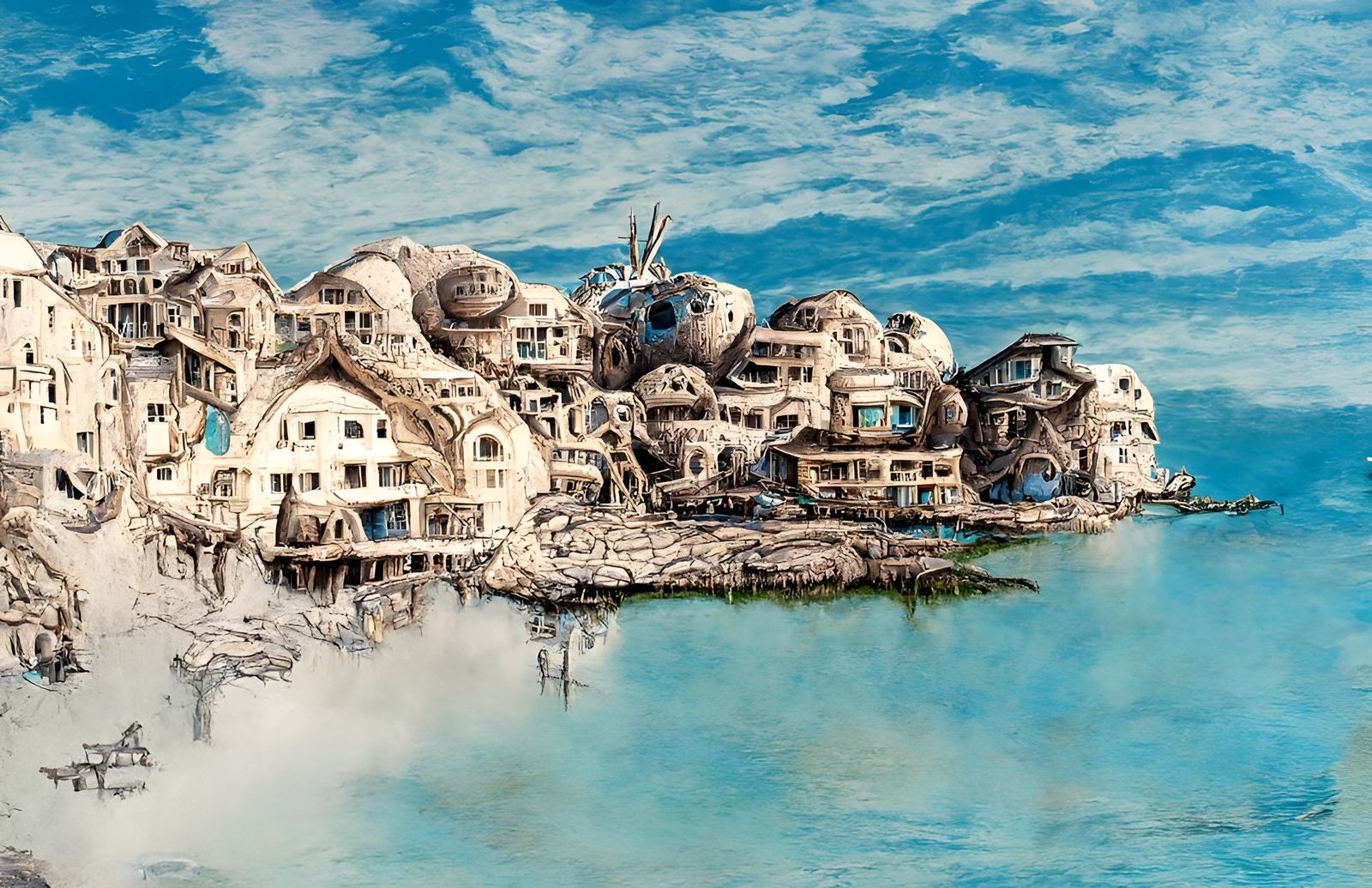 Dystopian Floating Island Village, Biopunk Illustration