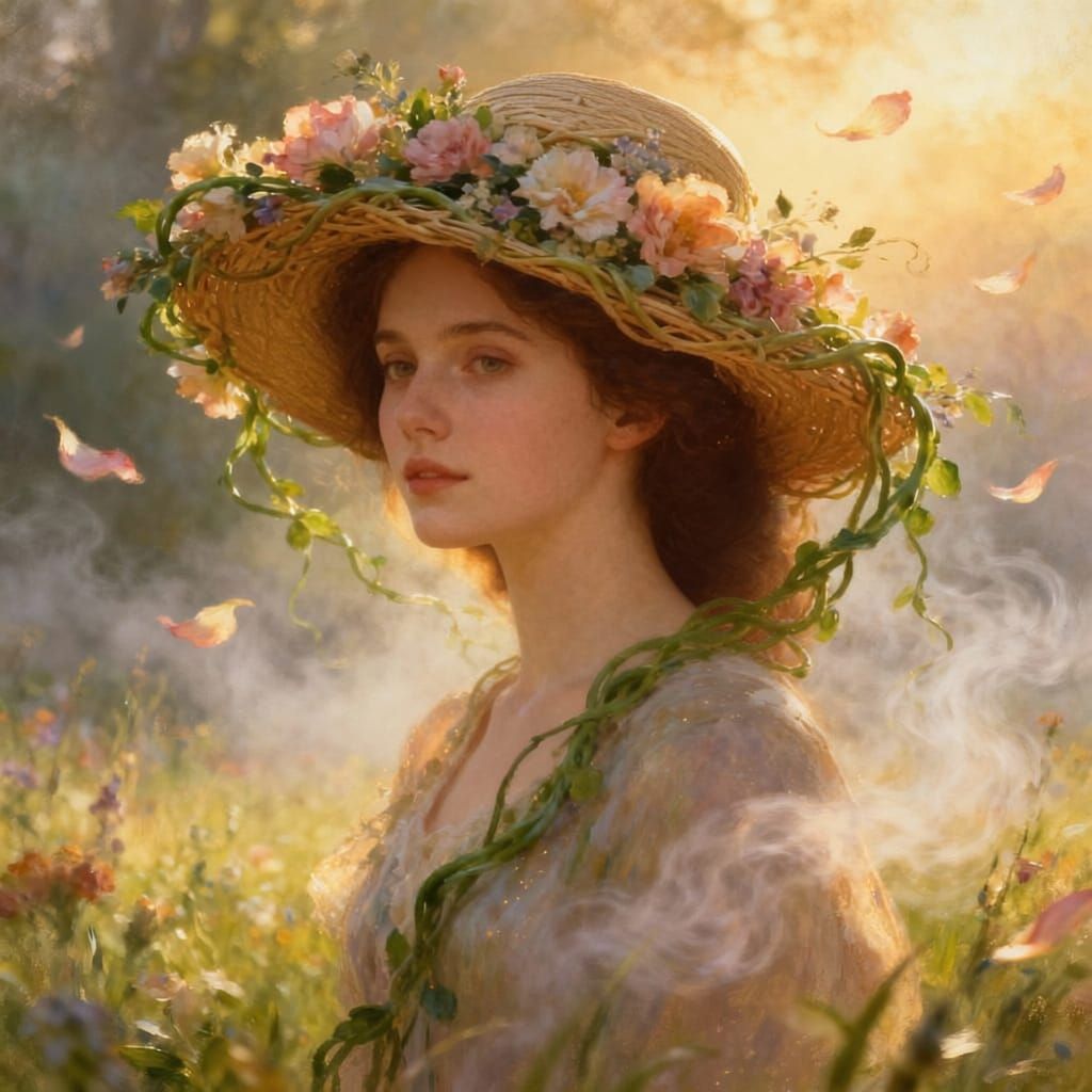 Woman in Flower Hat at Golden Hour, Painterly Style