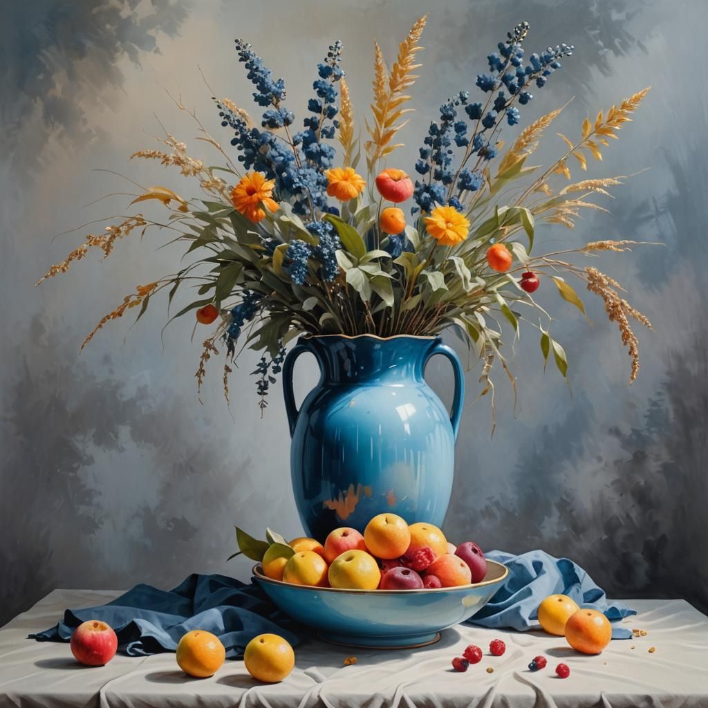 Still Life with Blue Vase in Watercolor Graffiti Art