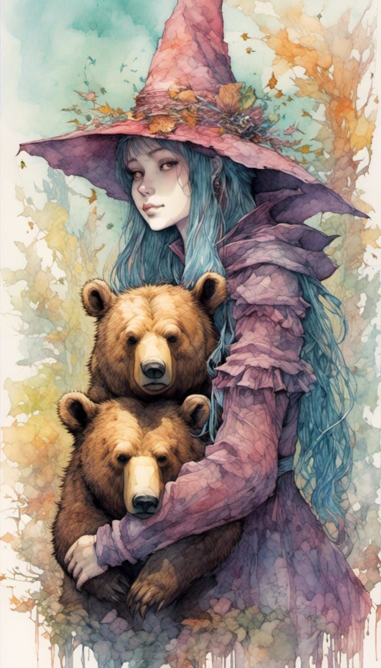 Whimsical Witch and Guardian Bear in Watercolor