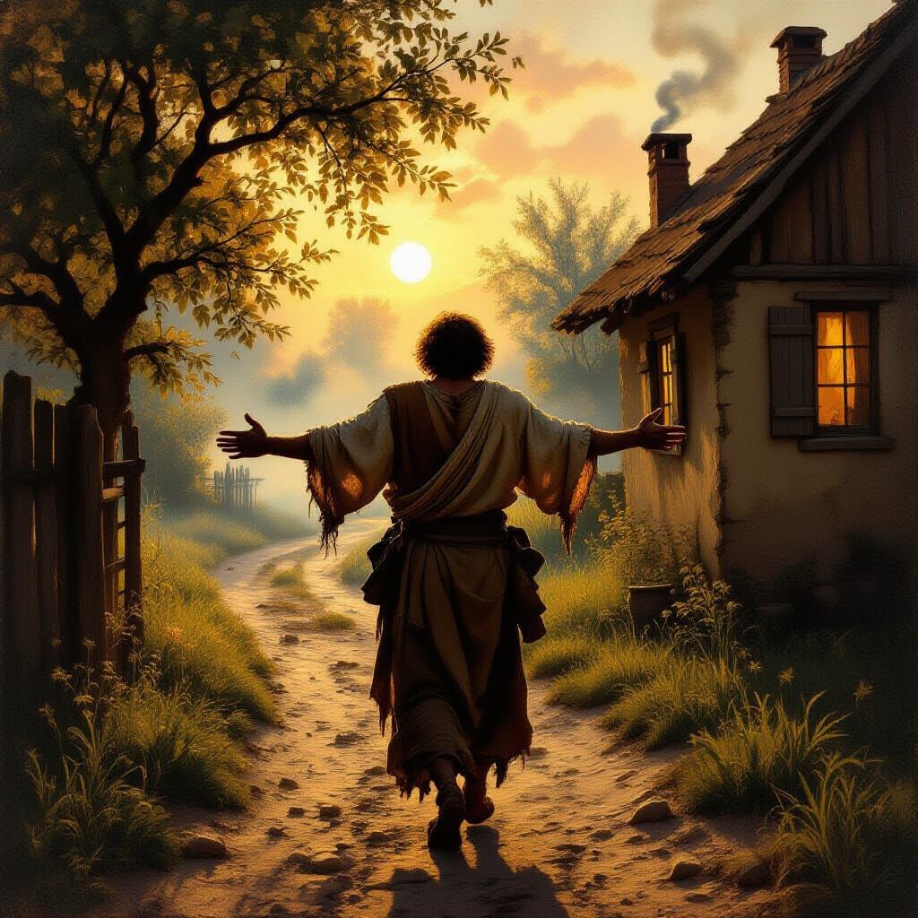 Prodigal Son Returns to Sunlit Farmstead in Oil Painting Sty...