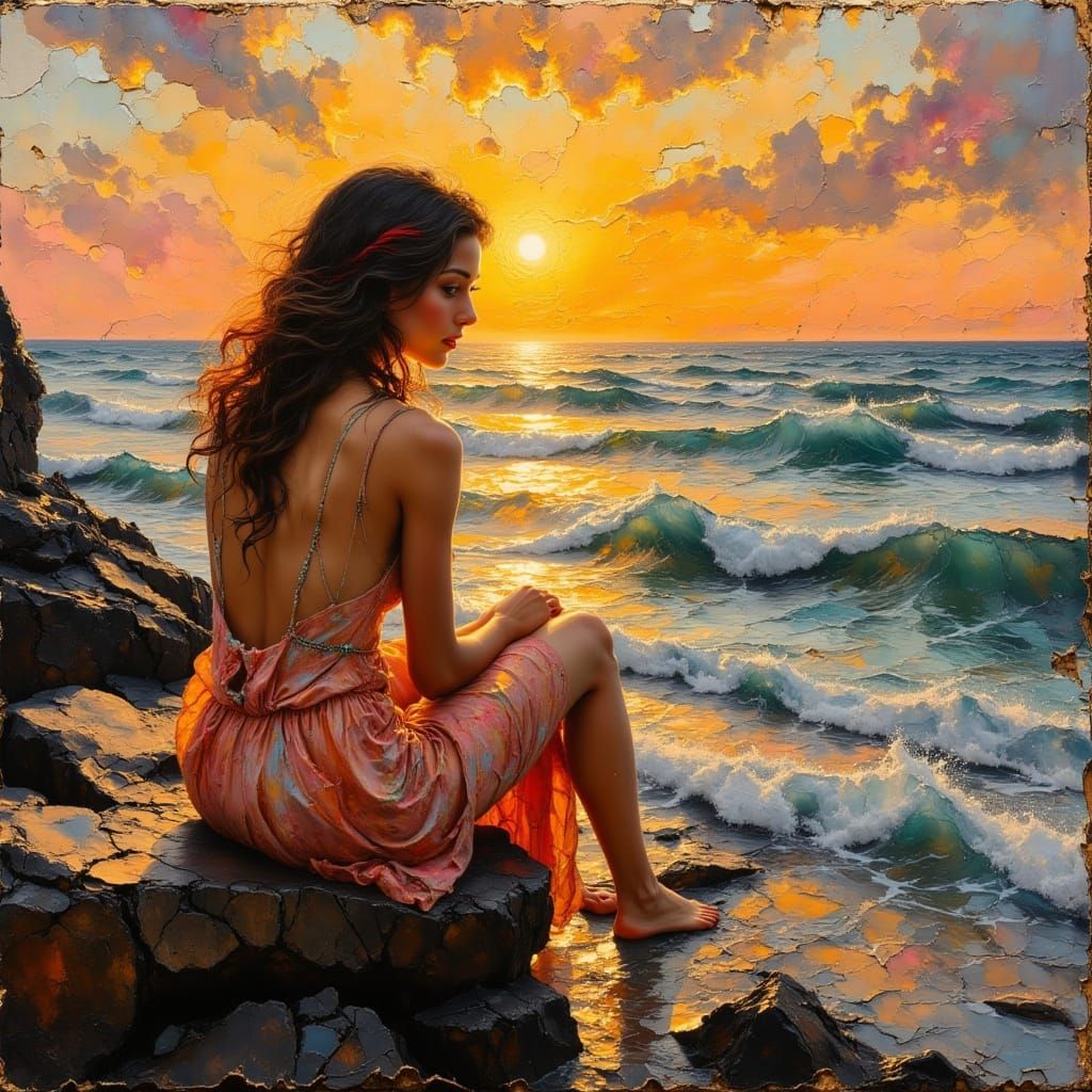 Woman by Sea at Sunset Oil Painting in Expressionist Style