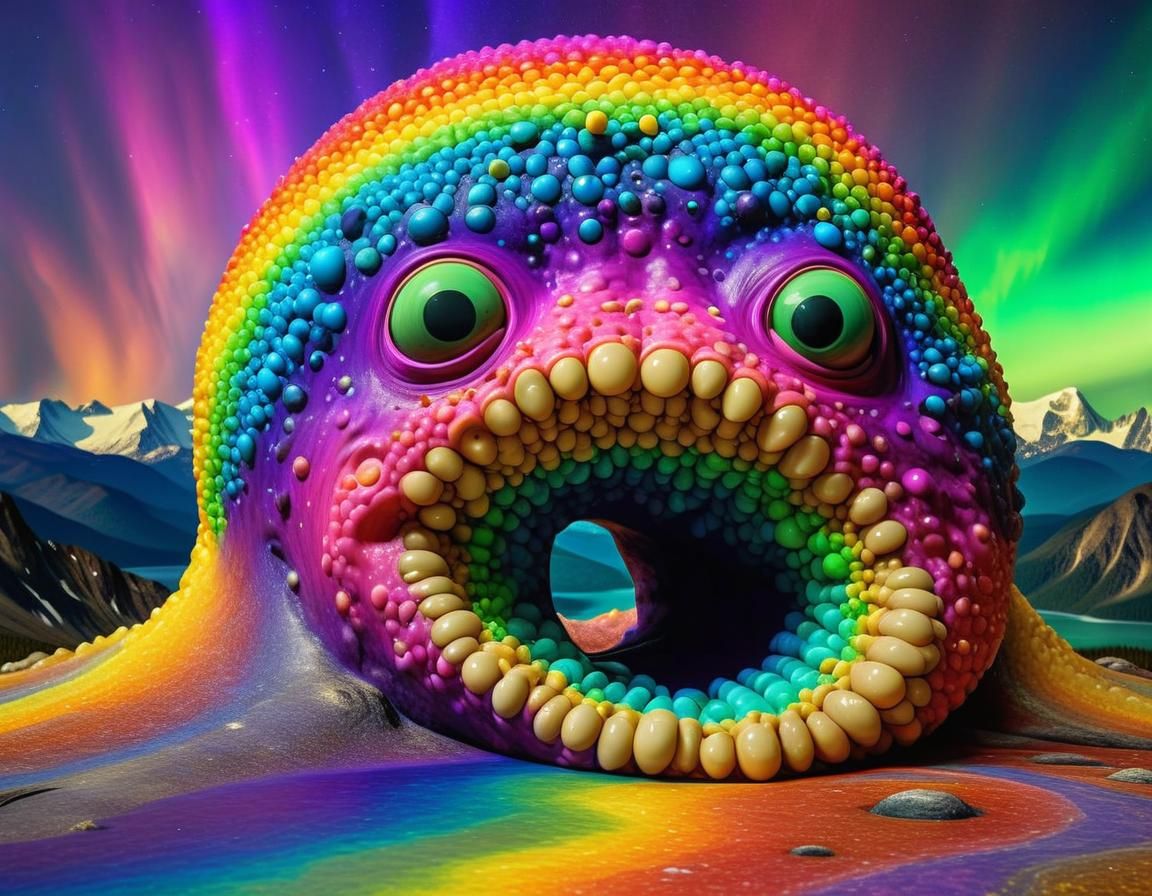 Rainbow Pimple on Prehistoric Beast in Astral Landscape