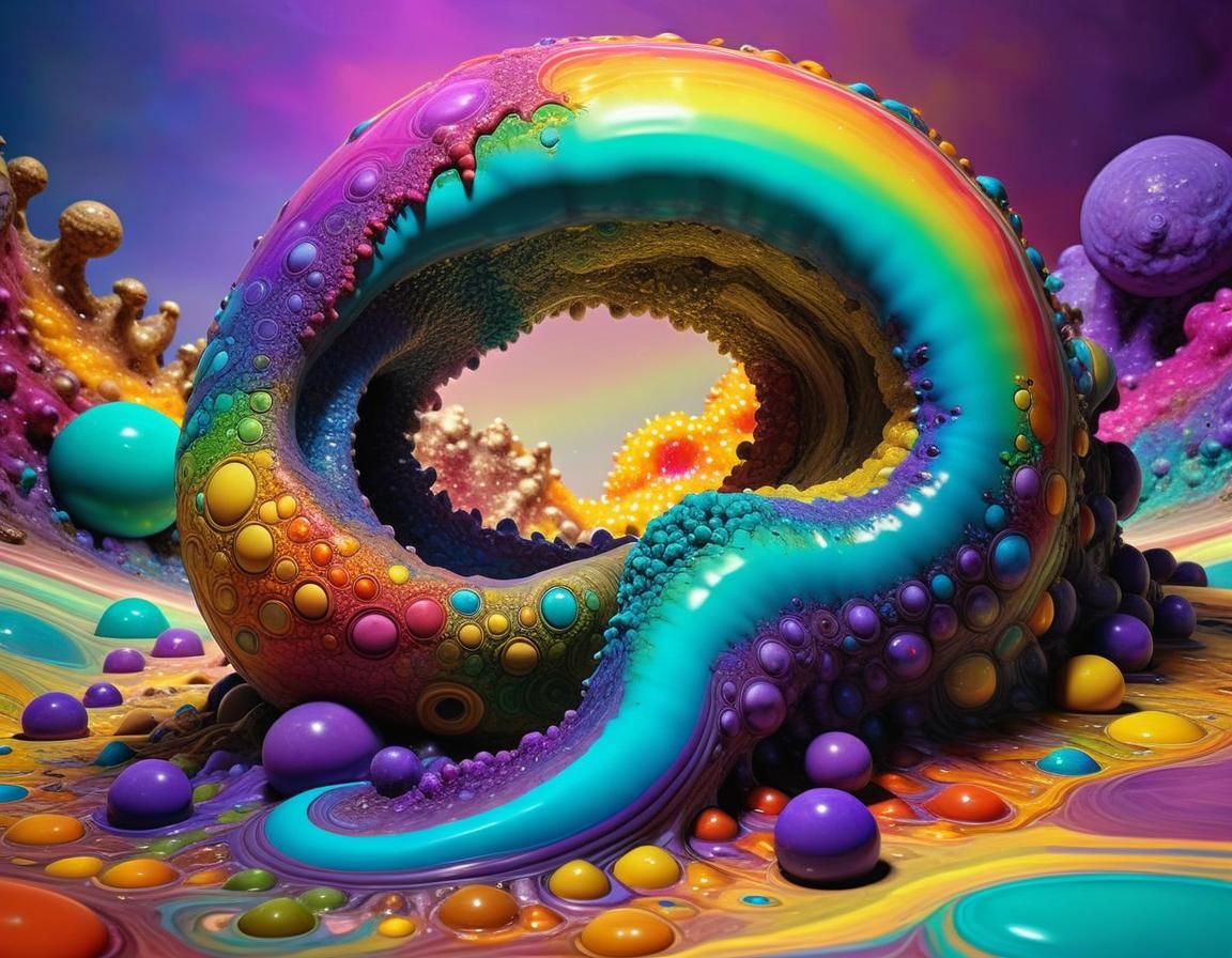 Cosmic Rainbow Creature in Klimt-Inspired Landscape