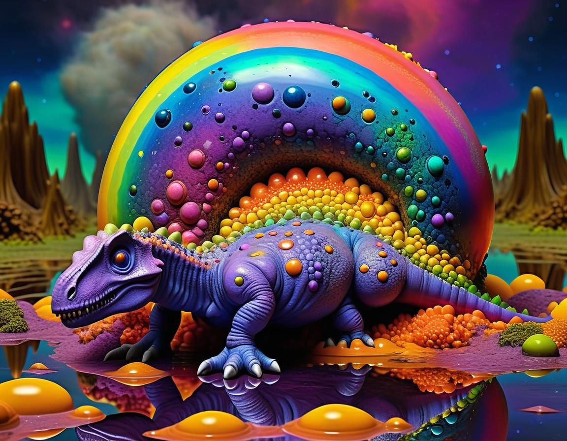 Rainbow Dinosaur in Iridescent Fractal Swamp