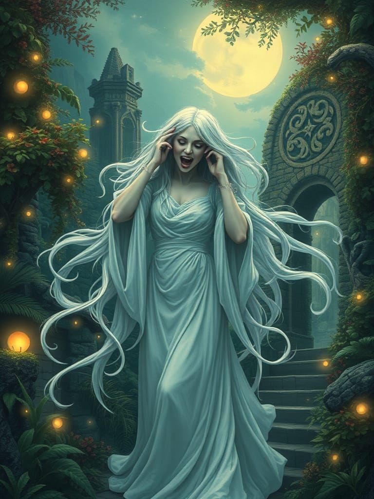 Ethereal Banshee in Dreamlike Celtic Landscape