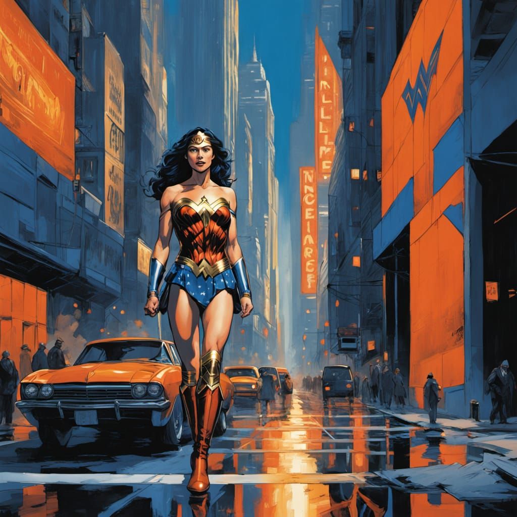 Wonder Woman Heroic City Portrait in Hyperrealistic Style