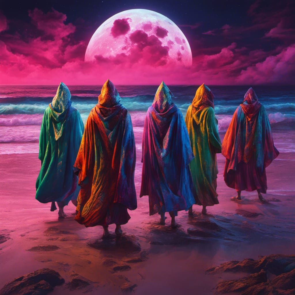 Demonic Figures in Colorful Robes Under Moonlight
