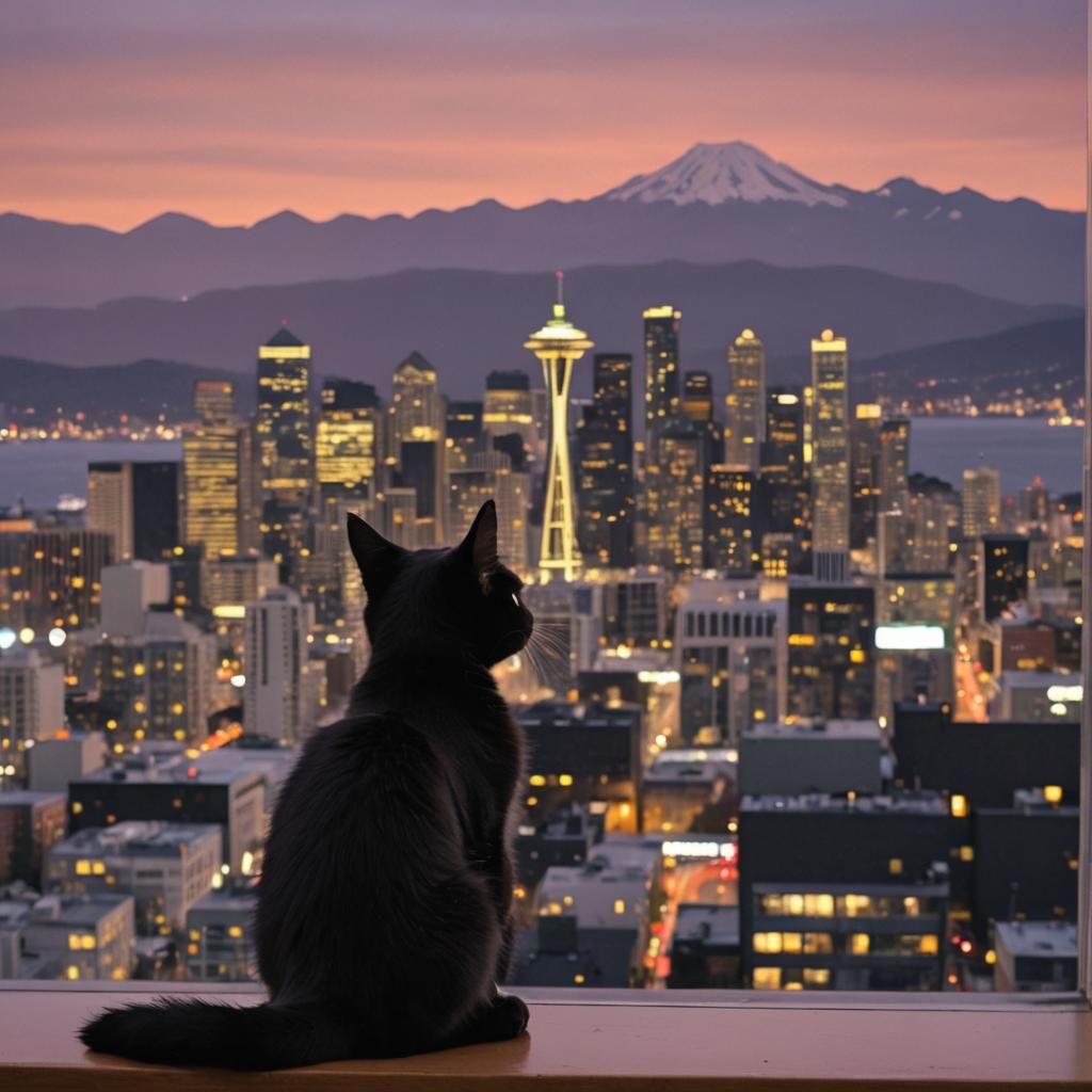 Kitten Gazing at Seattle Skyline at Twilight