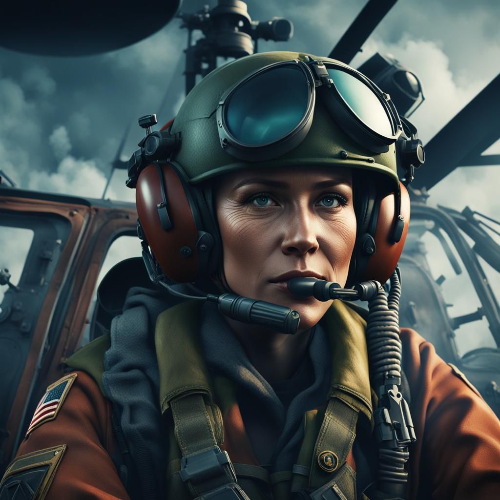 Female Military Pilot in Smoke, Realistic Photography