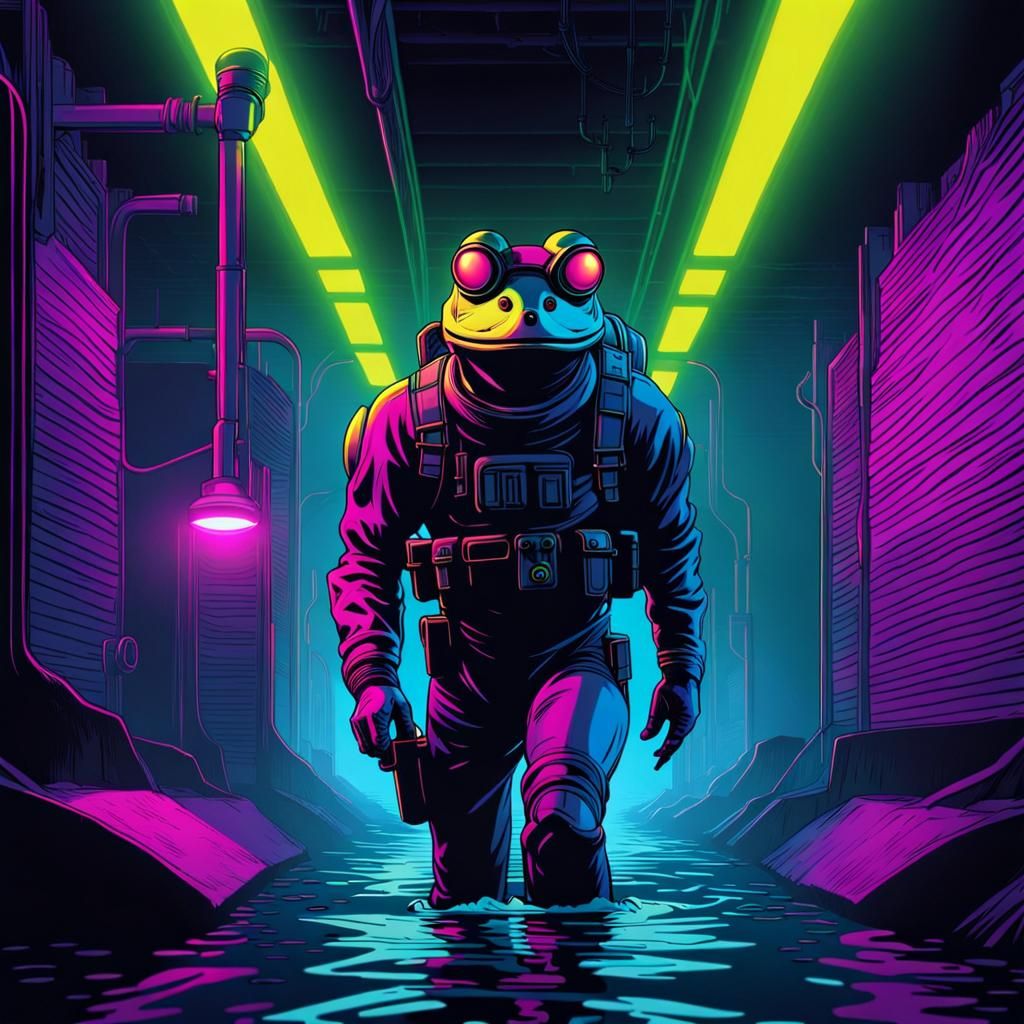 Frogman Emerges from Sewer in Synth-Wave Neon Style