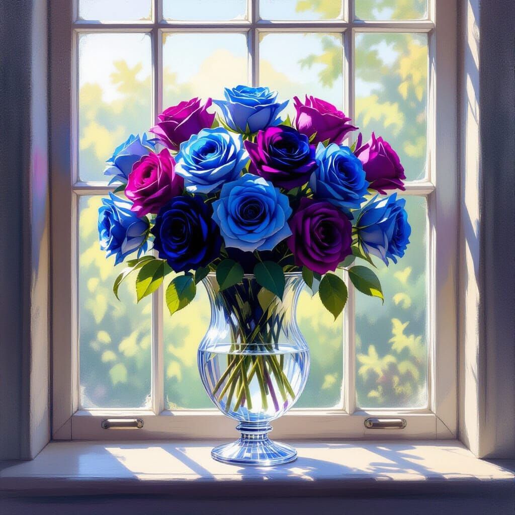 Bouquet of Dark Roses in Crystal Vase, Art Nouveau