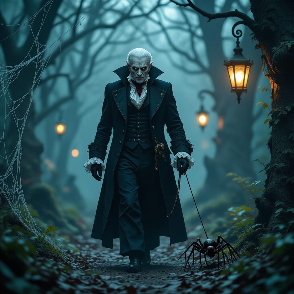 Victorian Vampire Walks Spider in Mystical Forest