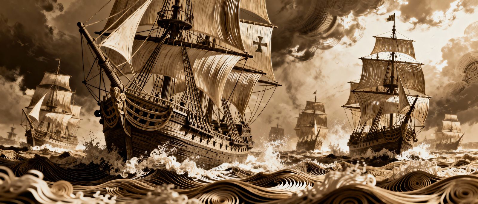 Spanish Armada Battle in Storm: Sepia Quilling Art