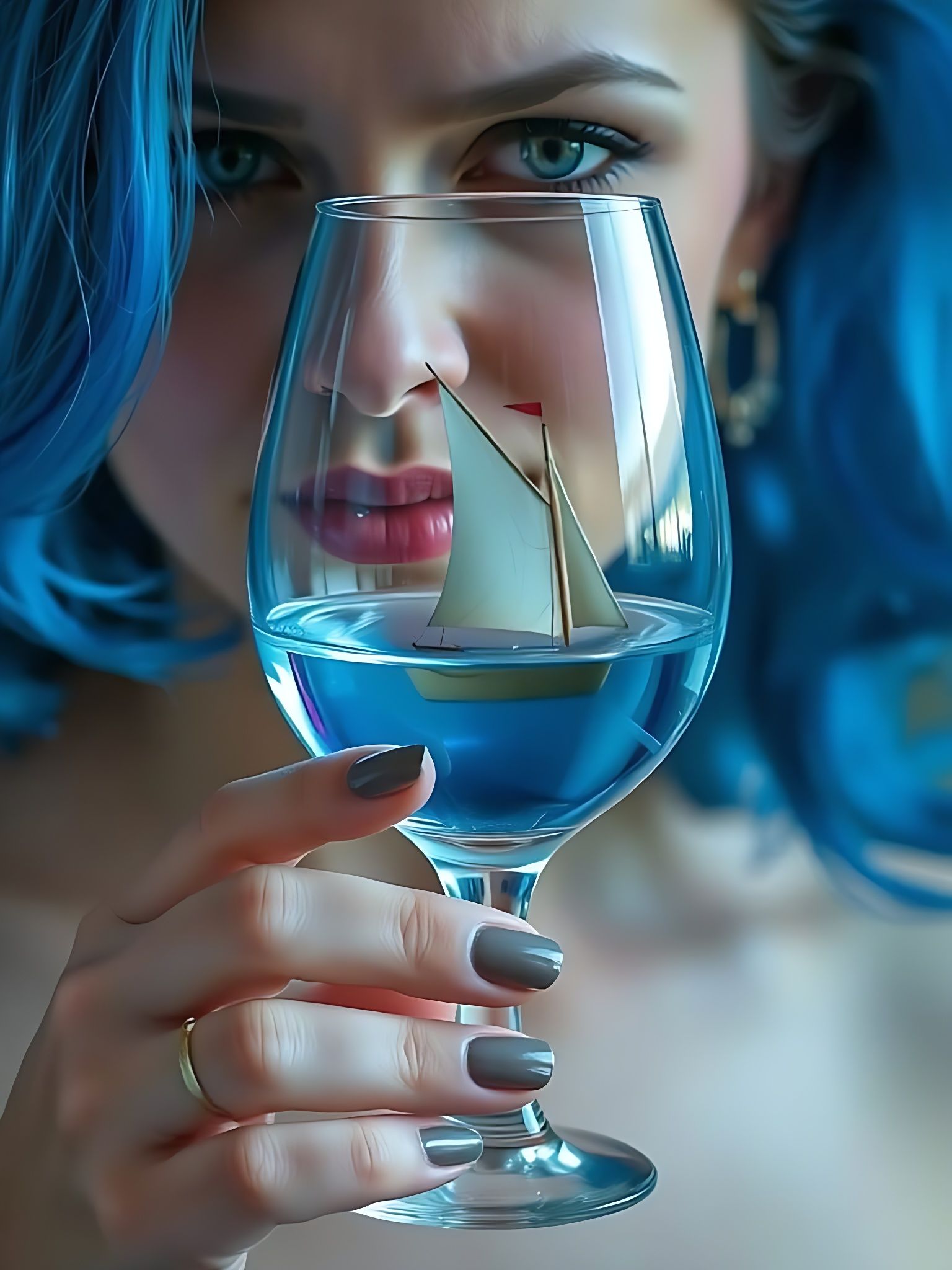 Surreal Blue Woman With Wineglass Boat