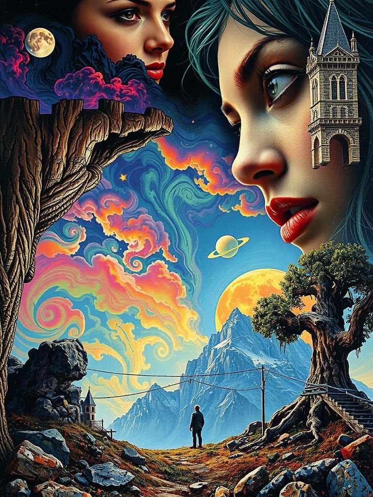 Woman's face with an enigmatic gaze, juxtaposed with a colos...