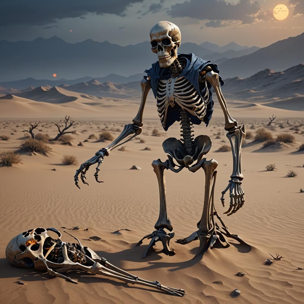 Skeleton Gathering Bones in Desert Landscape
