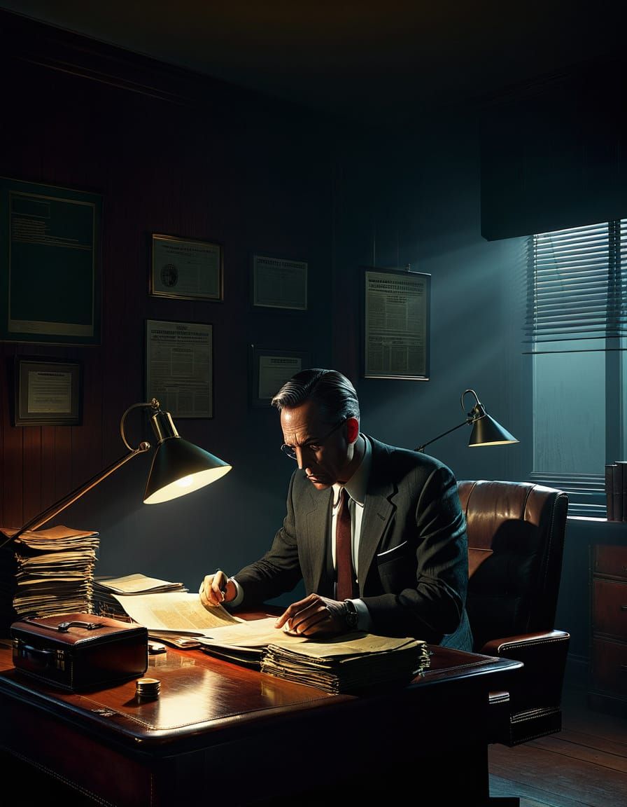 Fraudster in Dimly Lit Room with Fake Documents