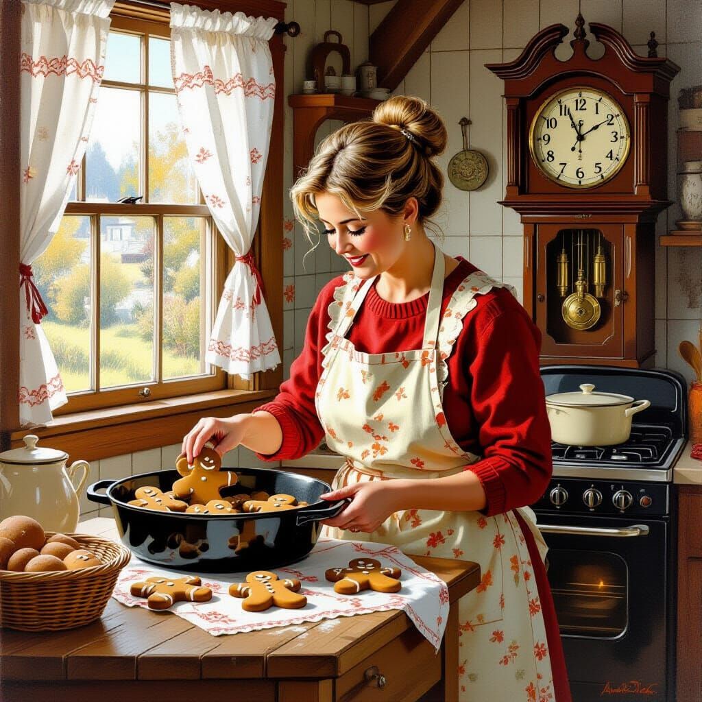 Grandma Baking Gingerbread Men in Cozy Kitchen