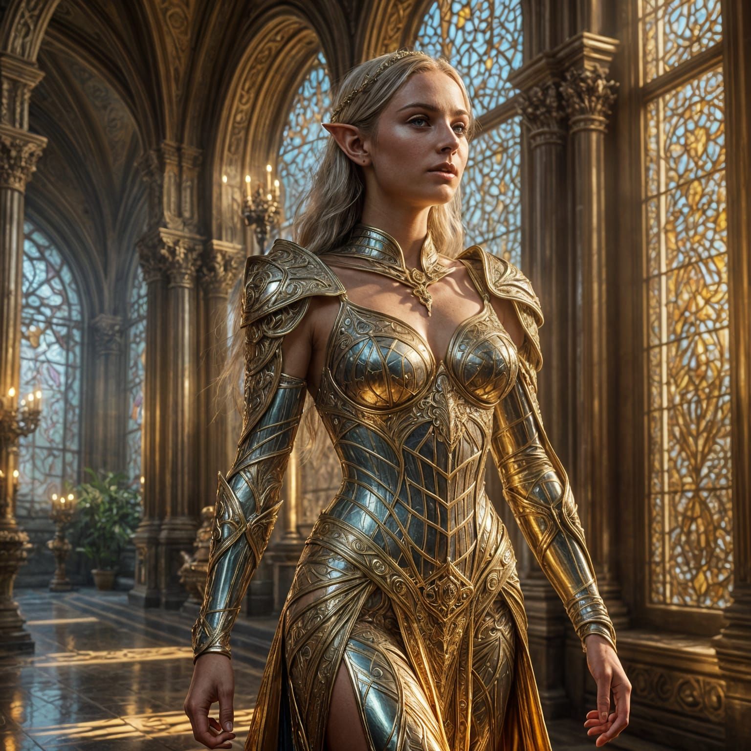 Ethereal Elf Warrior in Golden Hour Hall
