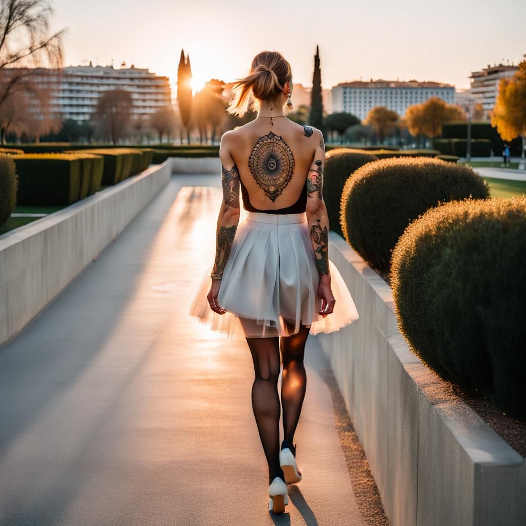 Woman in Tulle Skirt in City Park at Sunset