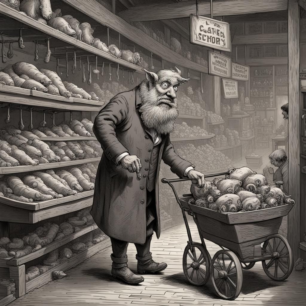Cartoon Pigman in Butcher Shop, Horror Art