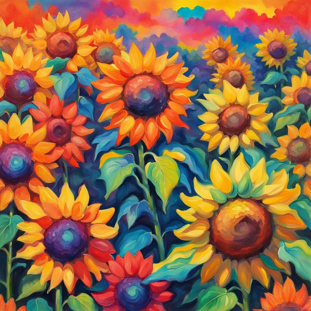 Fluorescent Sunflowers and Rainbow in Gouache Style
