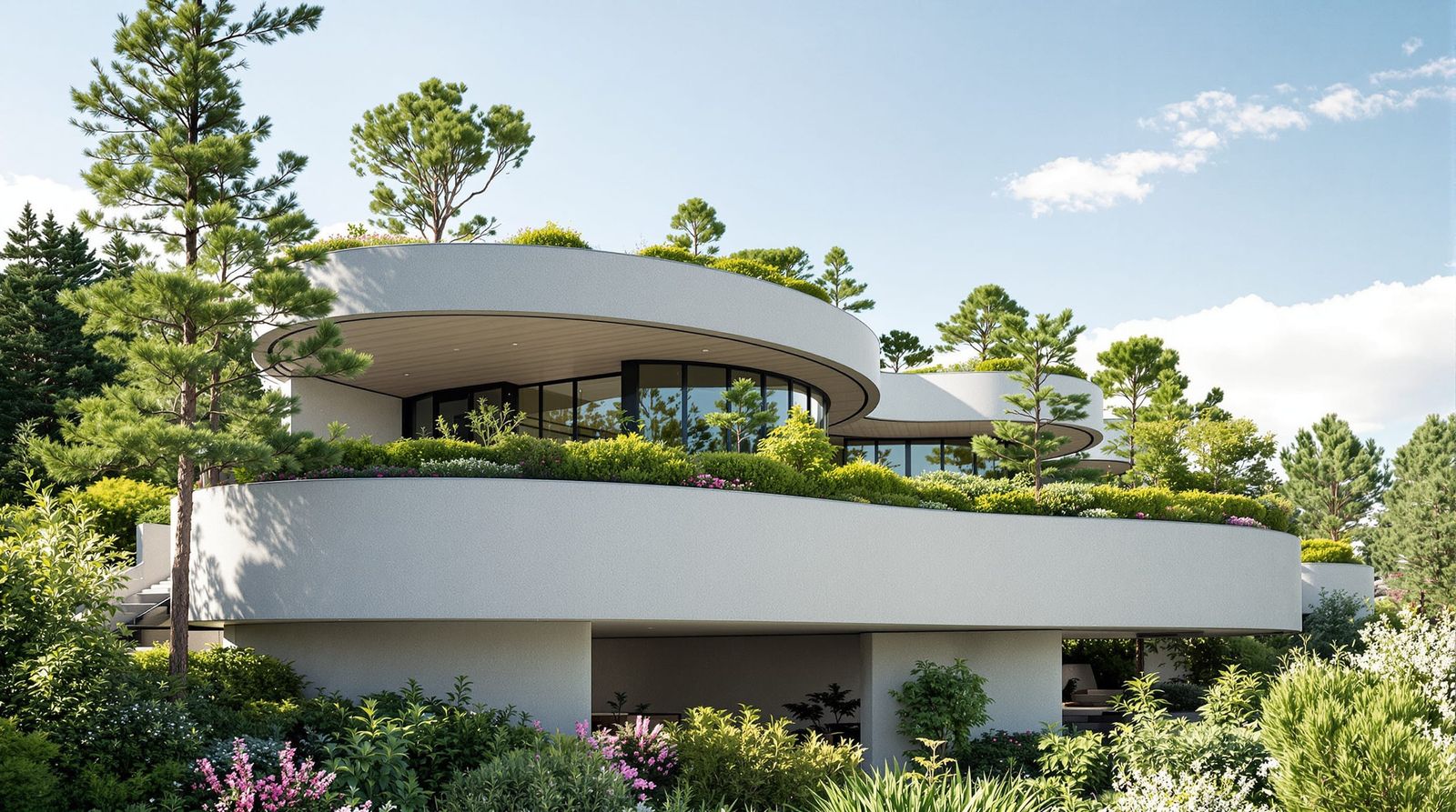 Modern Concrete Home with Rooftop Garden in Pine Forest