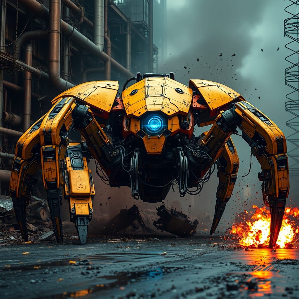 Gigantic Mechanized Spider Mech in Golden Armor Amidst War-T...