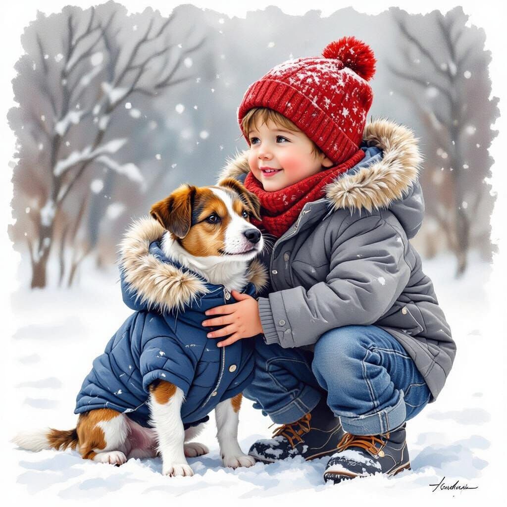 Boy and Dog Embrace in Watercolor Style