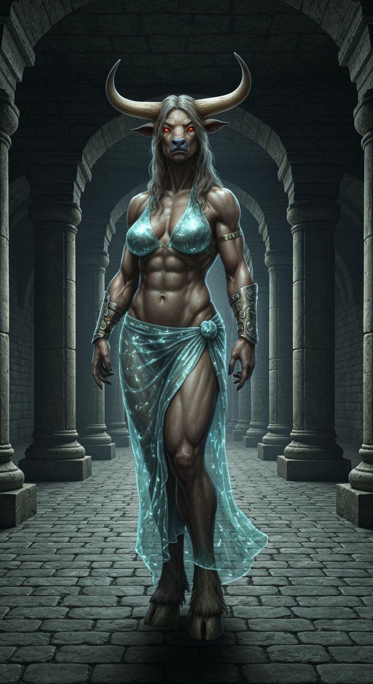 Female Minotaur in Labyrinth, Fantasy Art Style