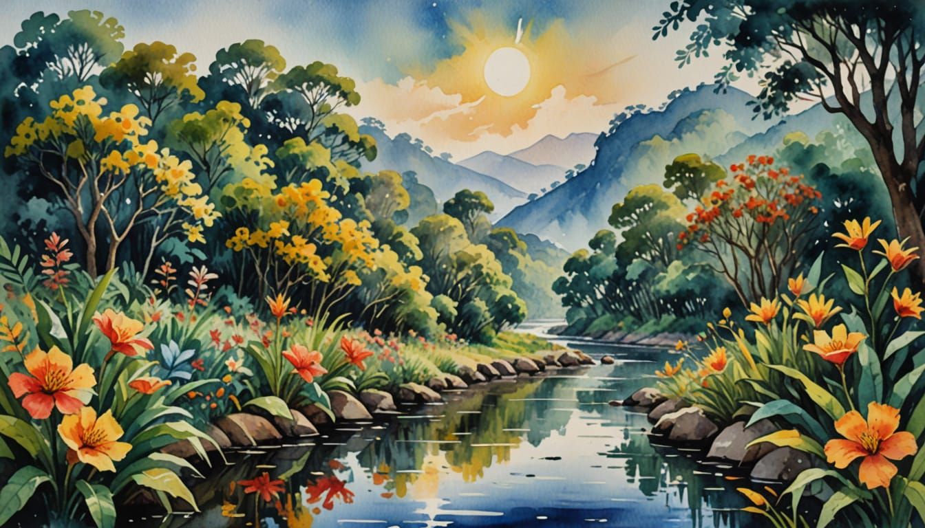 Jaguar Swims Dark River Night Gouache Watercolor Style