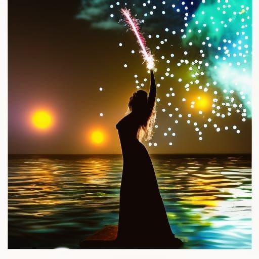 Woman Conjures Fireworks Display at Dusk