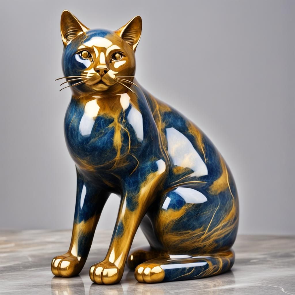 Elegant Blue and Gold Marble Cat Statue
