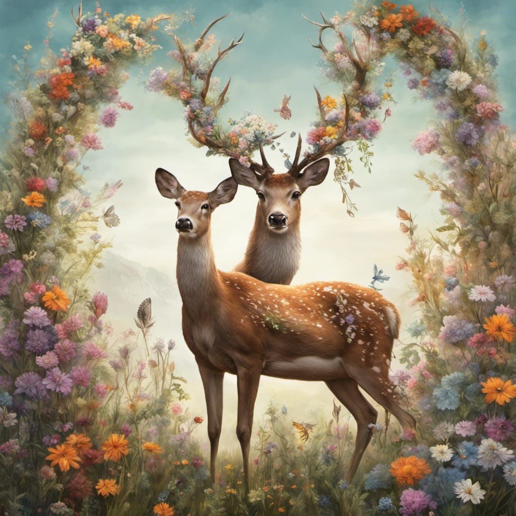 an idyllic meadow where a gentle deer stands among a carpet ...