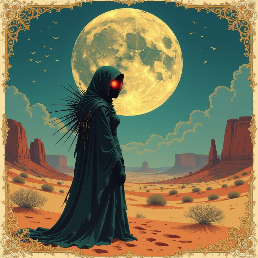 Chupacabra Woman in Windswept Desert, Art Nouveau Style