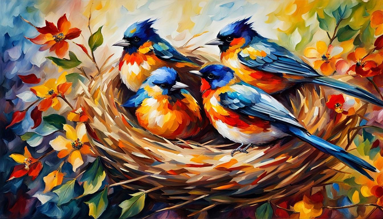 Songbirds in Nest: Impressionist Painting