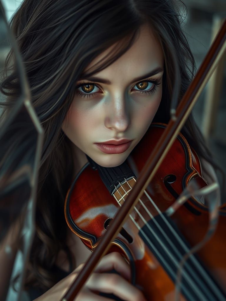 Violinist Poised in Fractured Mirror, Dramatic Realism