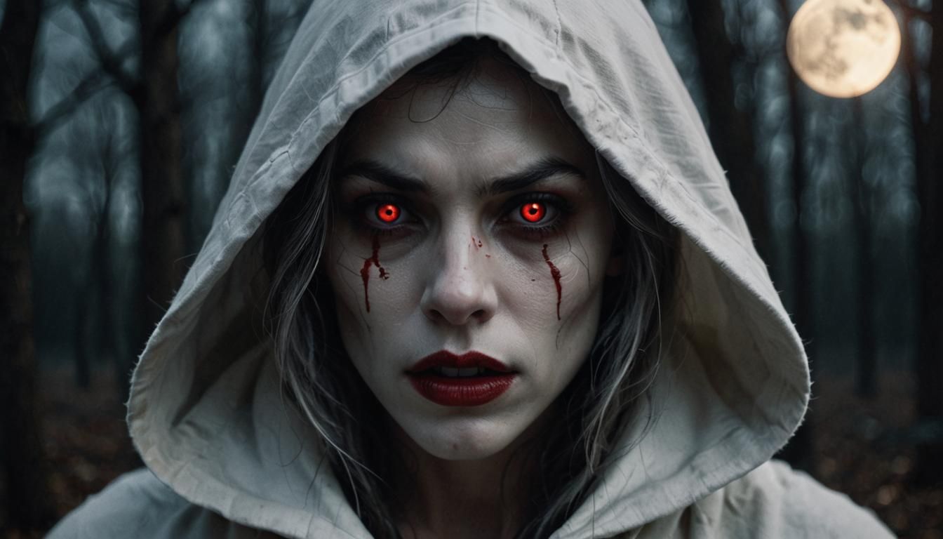 Mysterious Silver Hooded Woman Under the Full Moon