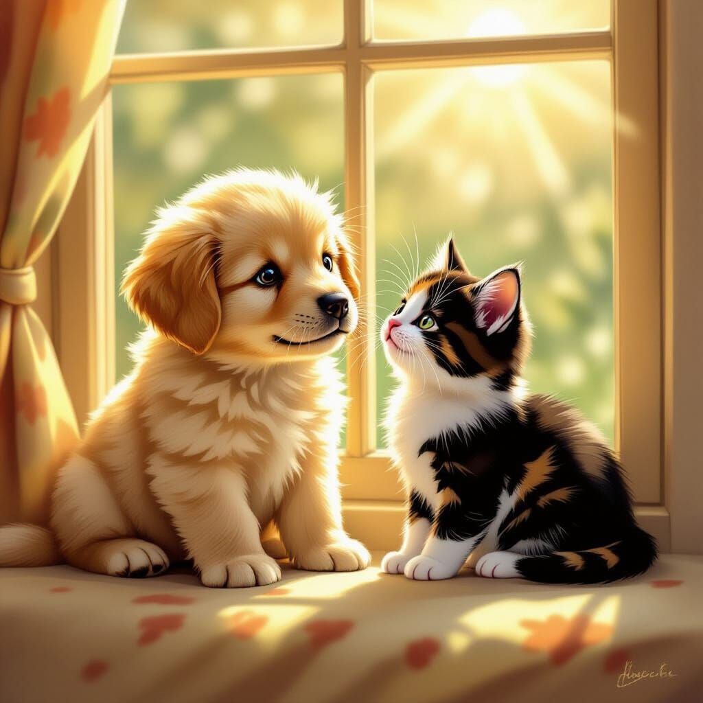 Fluffy Puppy and Kitten in Sunny Window Seat