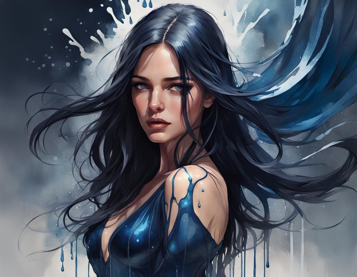 Stunning Woman in Dripping Watercolor Portrait