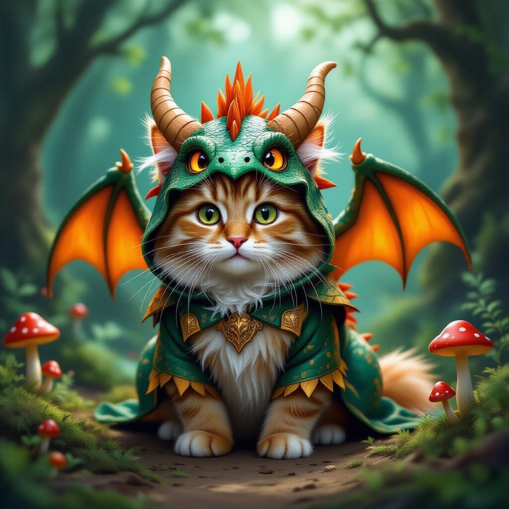 Fluffy Cat in Intricate Dragon Costume