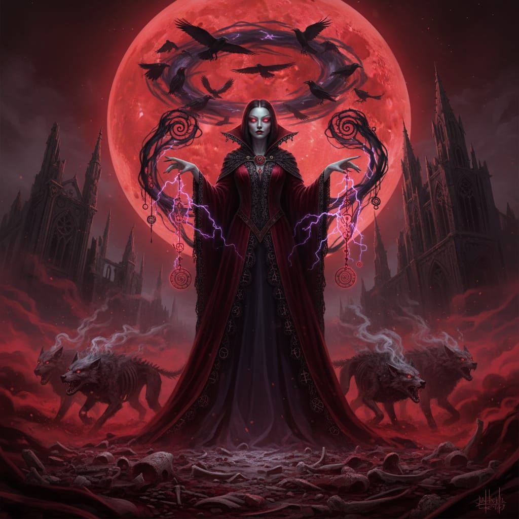 Gothic Queen Under Blood Moon in Dark Magic